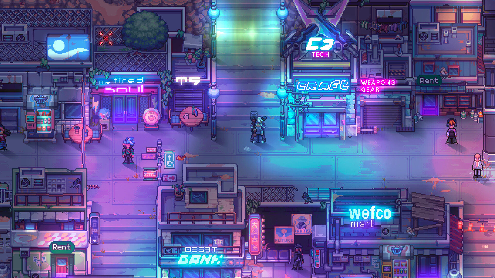 A neon-lit city district in Soulbound: Online